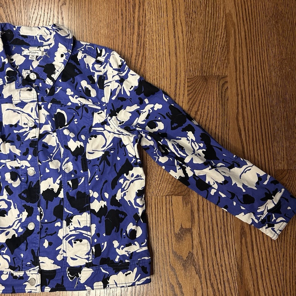 Liz Claiborne Women's Jacket Floral Purple Black White Buttons Packets Size 18 W - Picture 3 of 10